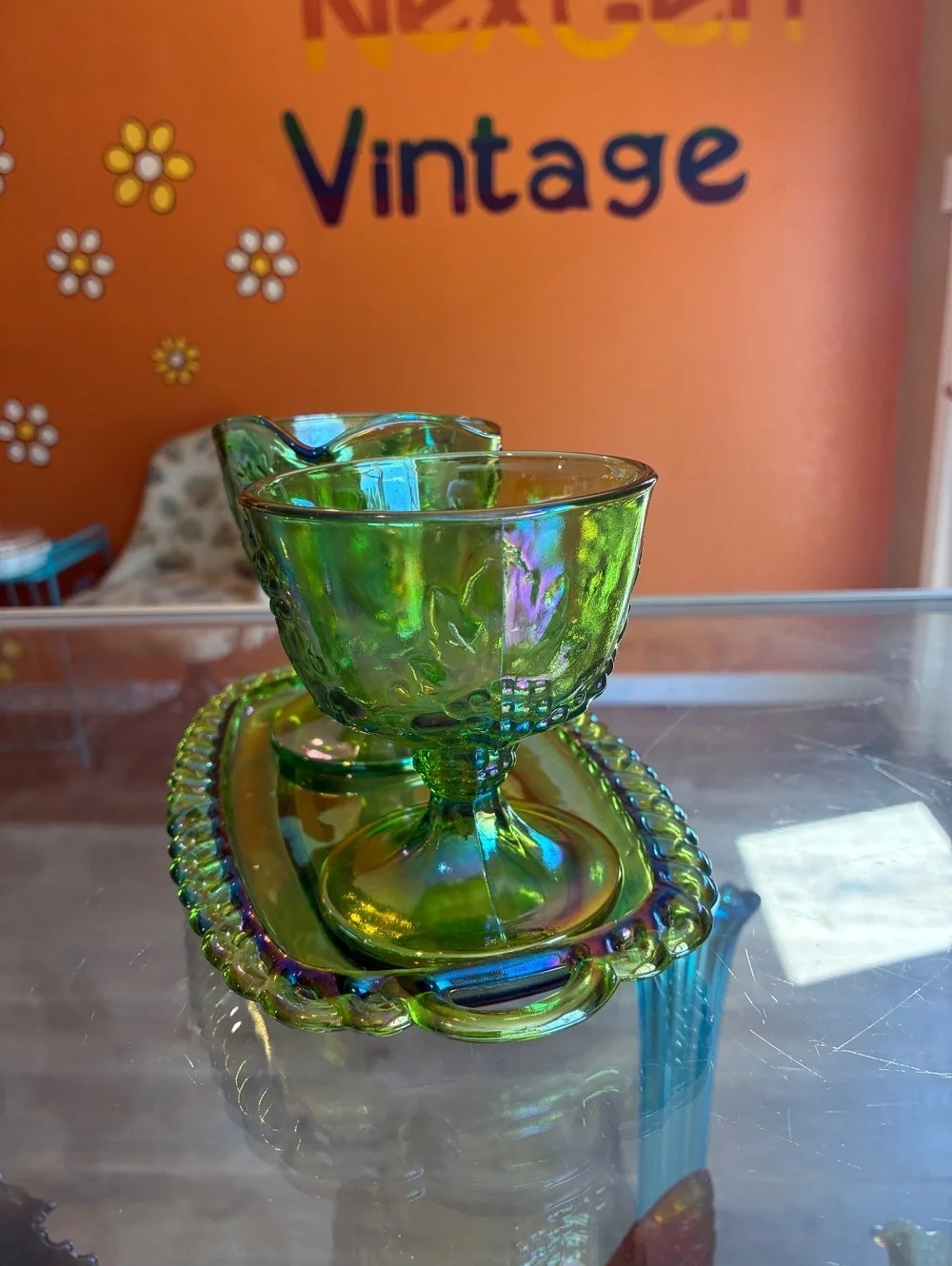 Indiana Glass Harvest Grape Lime Green Carnival Cream Sugar Tray Set